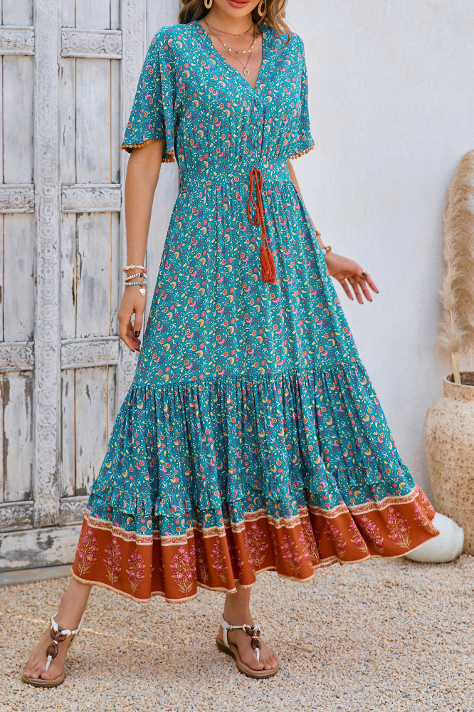 R.Vivimos Womens Summer Cotton Short Sleeve V Neck Floral Print Casual Bohemian Long Dresses