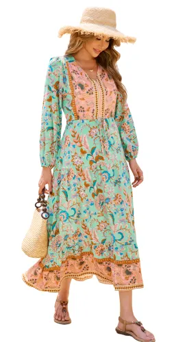 R.Vivimos Women's Long Sleeve Cotton V-Neck Button Up Floral Print Boho Flowy Midi Dresses