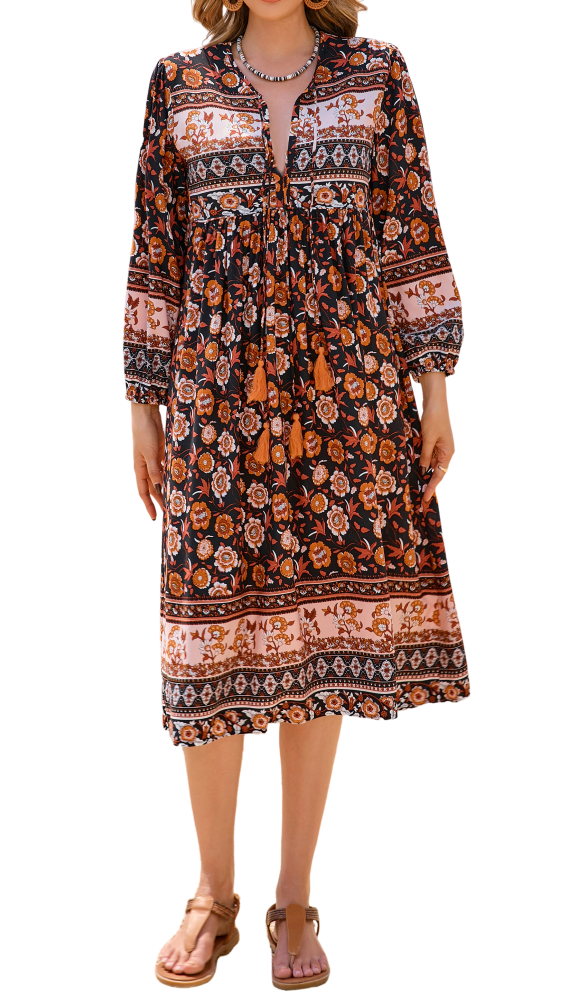 R.Vivimos Women's Long Sleeve Floral Print Retro V Neck Tassel Bohemian Midi Dresses