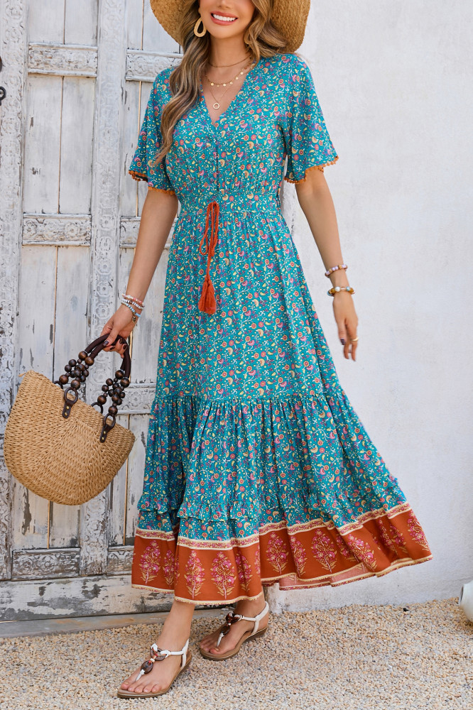 R.Vivimos Womens Summer Cotton Short Sleeve V Neck Floral Print Casual Bohemian Long Dresses