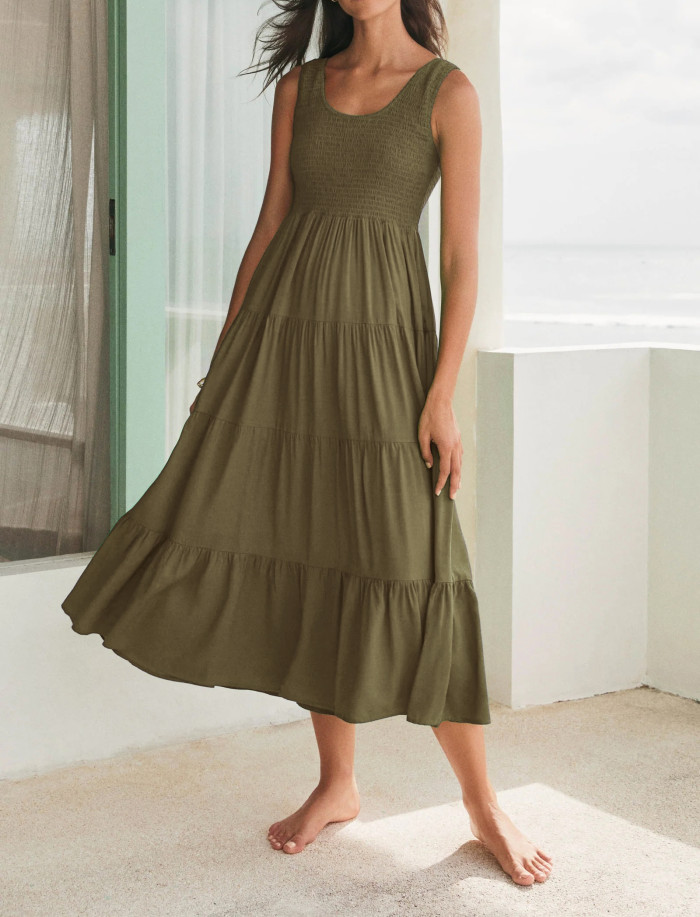 R.Vivimos Womens Summer Linen Tank Midi Dress 2025 Sleeveless Elastic Smocked A-Line Tiered Boho Casual Flowy Beach Sundress