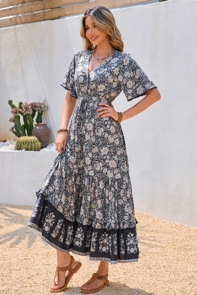 R.Vivimos Womens Summer Cotton Short Sleeve V Neck Floral Print Casual Bohemian Long Dresses