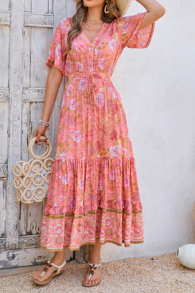 R.Vivimos Womens Summer Cotton Short Sleeve V Neck Floral Print Casual Bohemian Long Dresses