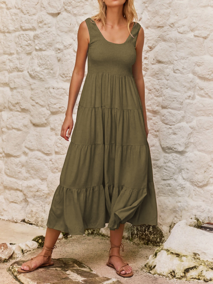 R.Vivimos Womens Summer Linen Tank Midi Dress 2025 Sleeveless Elastic Smocked A-Line Tiered Boho Casual Flowy Beach Sundress