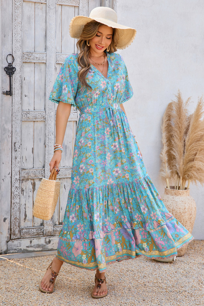 R.Vivimos Womens Summer Cotton Short Sleeve V Neck Floral Print Casual Bohemian Long Dresses