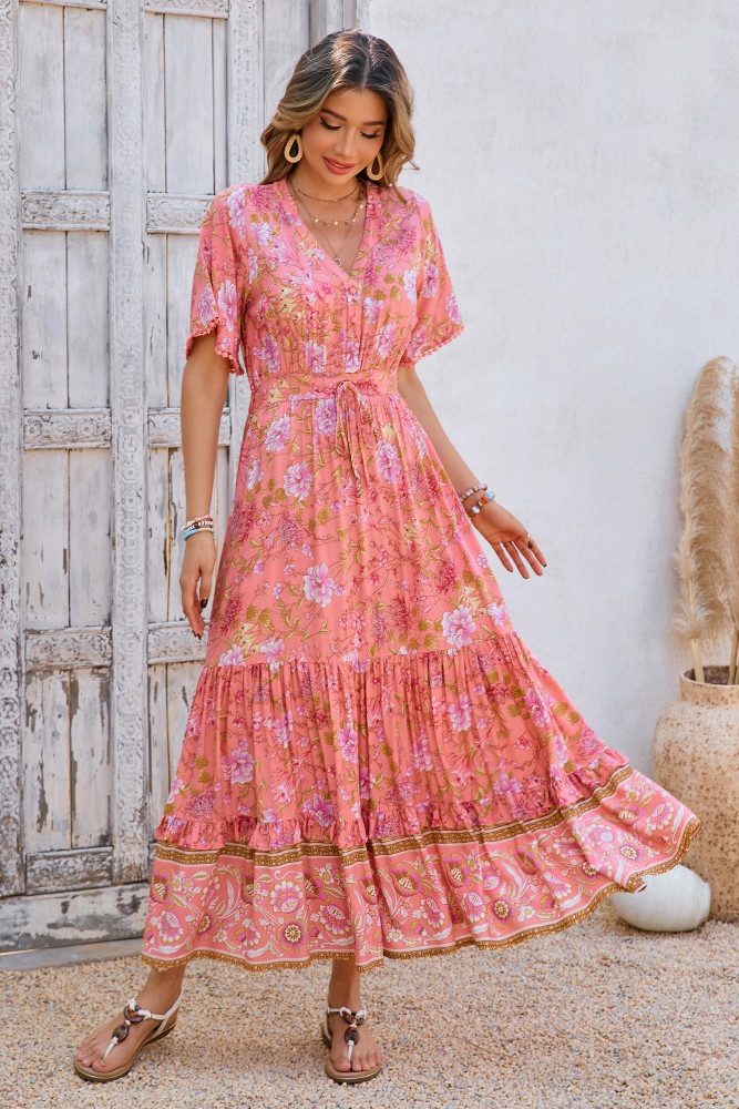 R.Vivimos Womens Summer Cotton Short Sleeve V Neck Floral Print Casual Bohemian Long Dresses