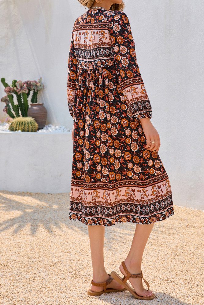 R.Vivimos Women's Long Sleeve Floral Print Retro V Neck Tassel Bohemian Midi Dresses