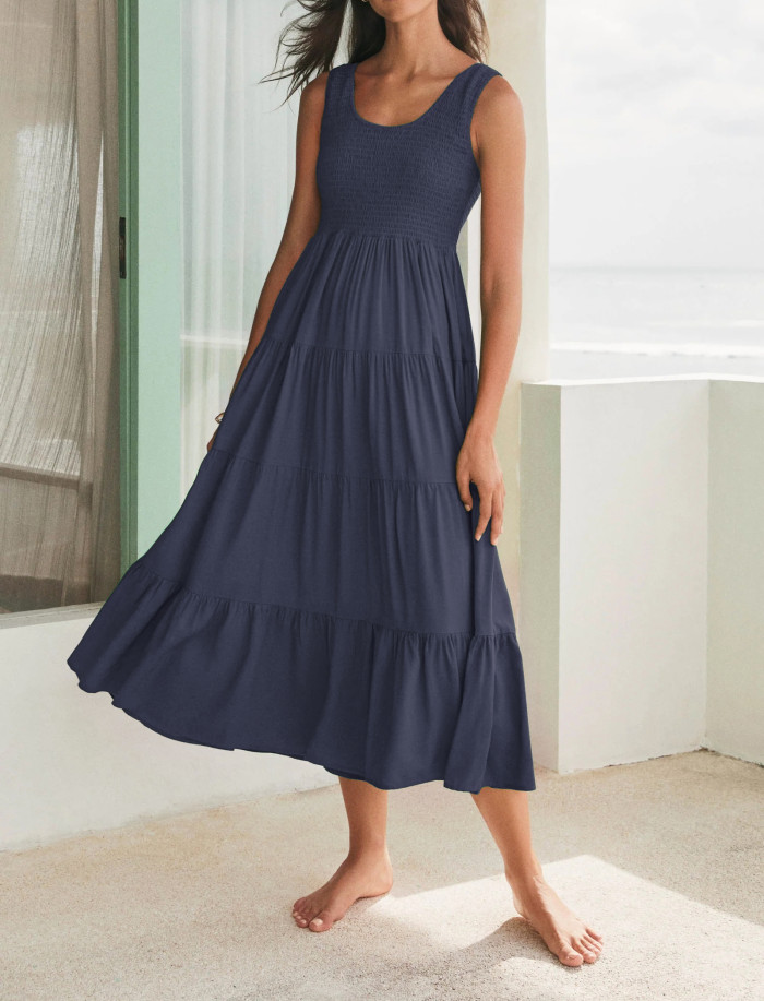 R.Vivimos Womens Summer Linen Tank Midi Dress 2025 Sleeveless Elastic Smocked A-Line Tiered Boho Casual Flowy Beach Sundress