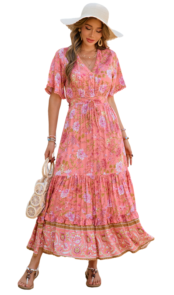 R.Vivimos Womens Summer Cotton Short Sleeve V Neck Floral Print Casual Bohemian Long Dresses