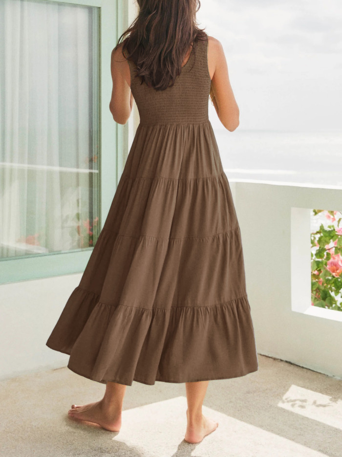 R.Vivimos Womens Summer Linen Tank Midi Dress 2025 Sleeveless Elastic Smocked A-Line Tiered Boho Casual Flowy Beach Sundress
