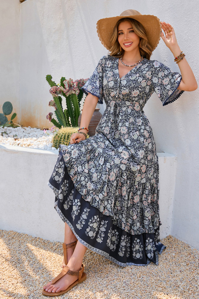 R.Vivimos Womens Summer Cotton Short Sleeve V Neck Floral Print Casual Bohemian Long Dresses