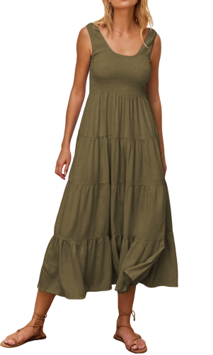 R.Vivimos Womens Summer Linen Tank Midi Dress 2025 Sleeveless Elastic Smocked A-Line Tiered Boho Casual Flowy Beach Sundress