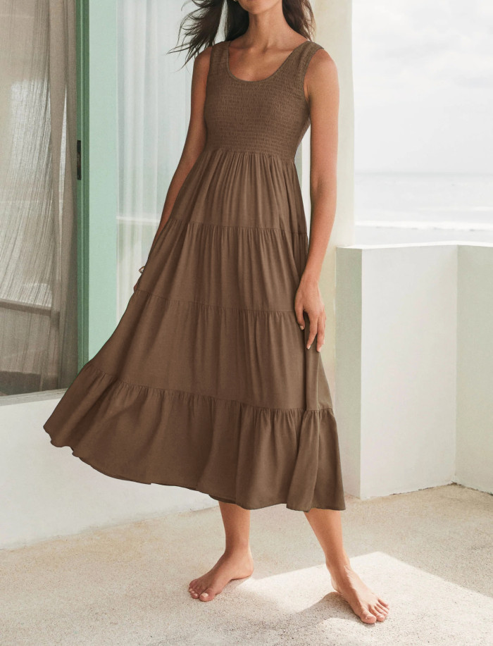 R.Vivimos Womens Summer Linen Tank Midi Dress 2025 Sleeveless Elastic Smocked A-Line Tiered Boho Casual Flowy Beach Sundress