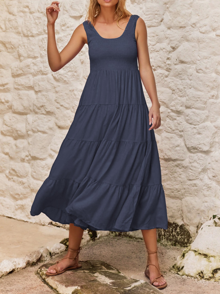 R.Vivimos Womens Summer Linen Tank Midi Dress 2025 Sleeveless Elastic Smocked A-Line Tiered Boho Casual Flowy Beach Sundress