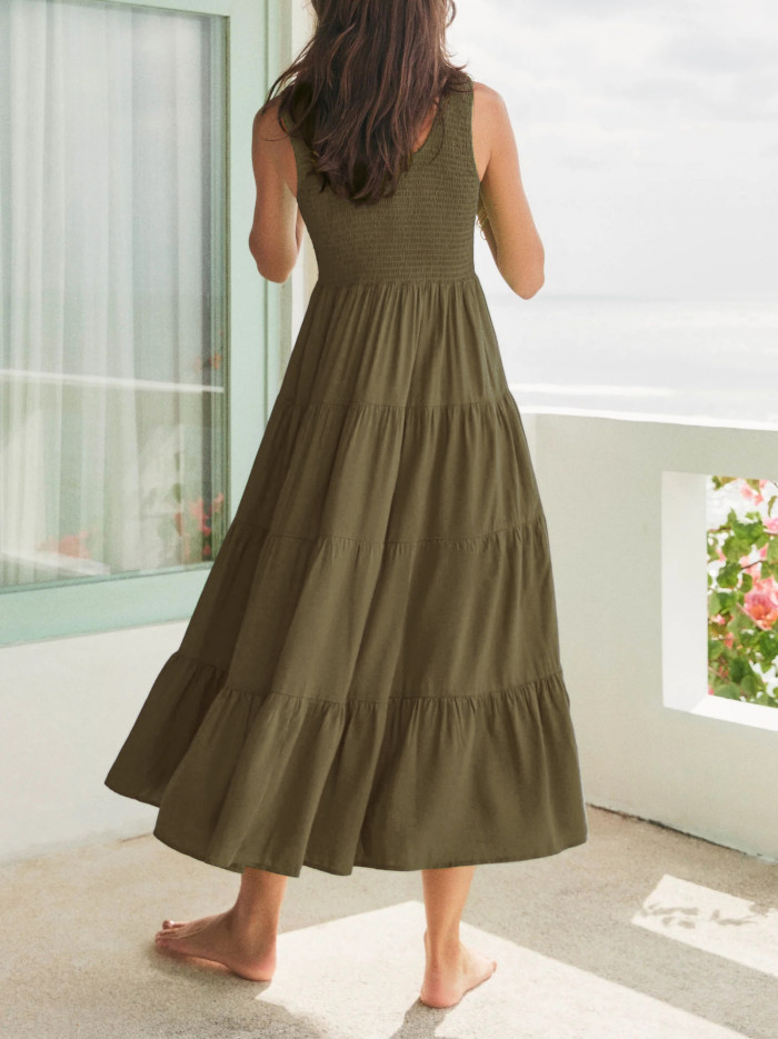 R.Vivimos Womens Summer Linen Tank Midi Dress 2025 Sleeveless Elastic Smocked A-Line Tiered Boho Casual Flowy Beach Sundress