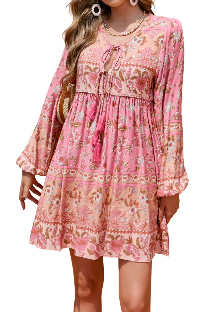 R.Vivimos Womens Long Sleeve Floral Casual Print Cotton Mini Tunic Dress