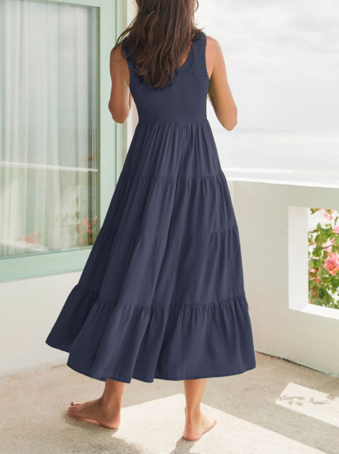 R.Vivimos Womens Summer Linen Tank Midi Dress 2025 Sleeveless Elastic Smocked A-Line Tiered Boho Casual Flowy Beach Sundress