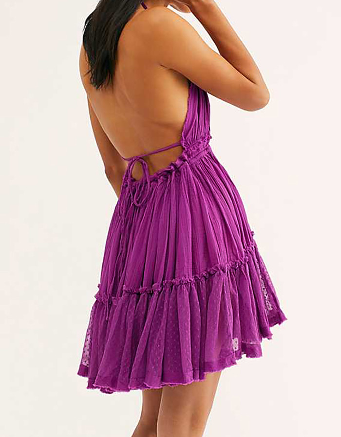 R.Vivimos Womens Summer Halter Deep V Neck Sexy Patchwork Mini Short Dresses