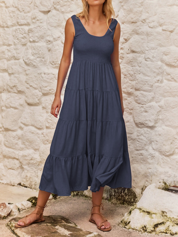 R.Vivimos Womens Summer Linen Tank Midi Dress 2025 Sleeveless Elastic Smocked A-Line Tiered Boho Casual Flowy Beach Sundress
