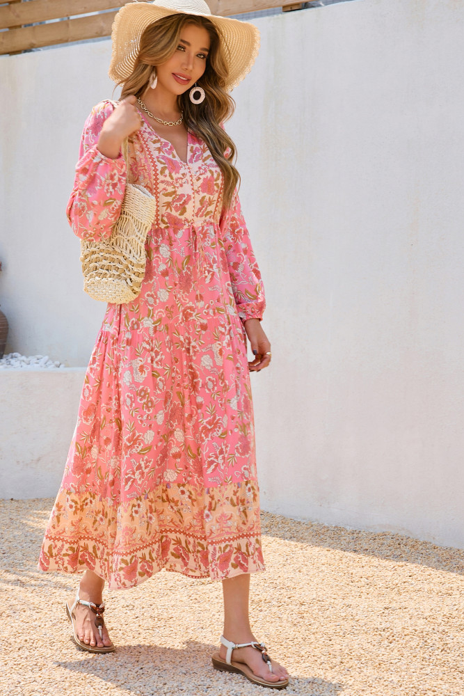 R.Vivimos Women's Long Sleeve Cotton V-Neck Button Up Floral Print Boho Flowy Midi Dresses