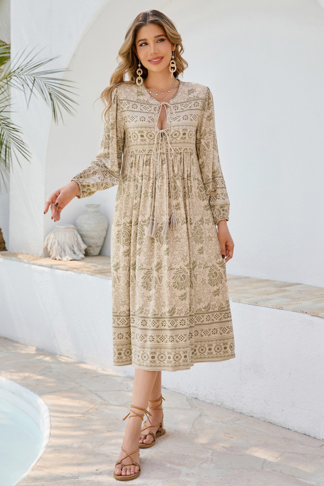 R.Vivimos Women's Long Sleeve Floral Print Retro V Neck Tassel Bohemian Midi Dresses