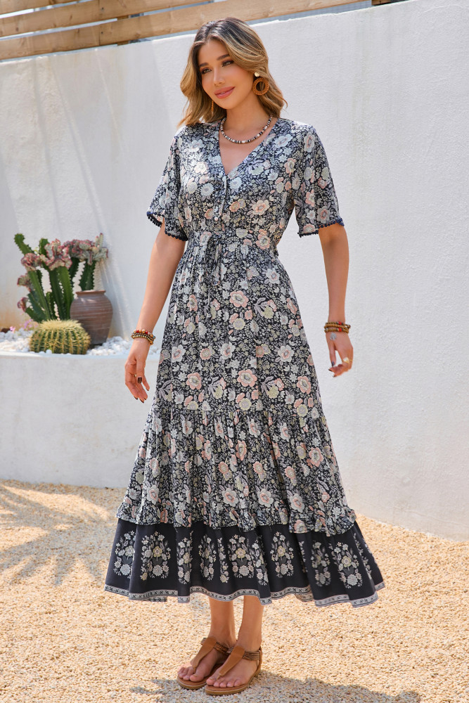 R.Vivimos Womens Summer Cotton Short Sleeve V Neck Floral Print Casual Bohemian Long Dresses