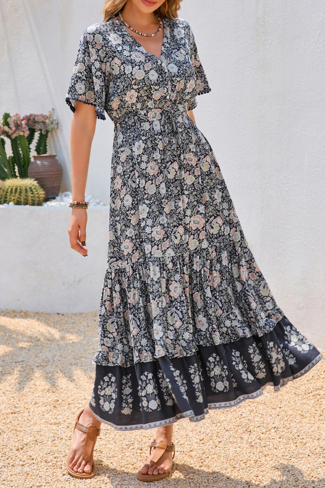 R.Vivimos Womens Summer Cotton Short Sleeve V Neck Floral Print Casual Bohemian Long Dresses