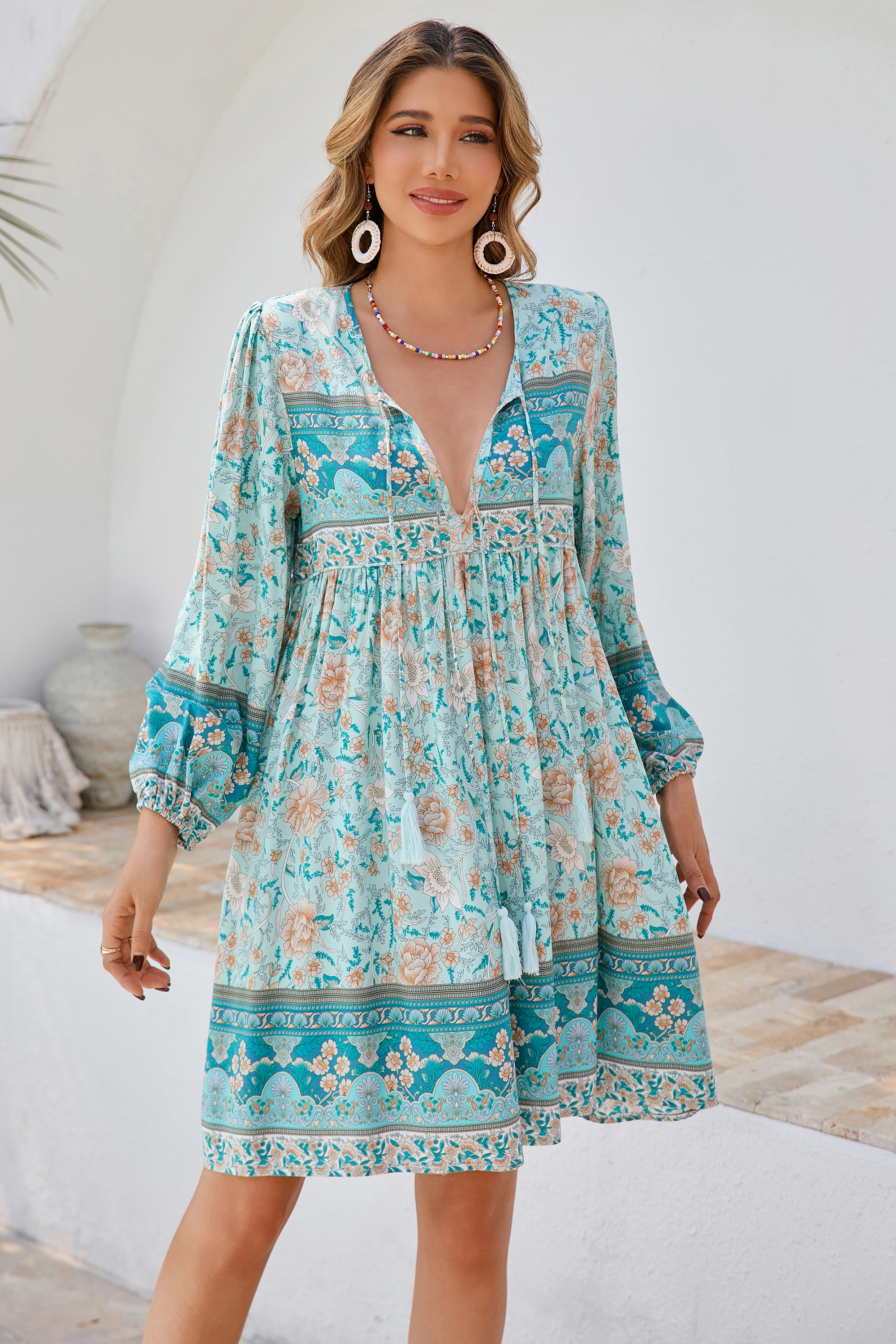 R.Vivimos Womens Long Sleeve Floral Casual Print Cotton Mini Tunic Dress3