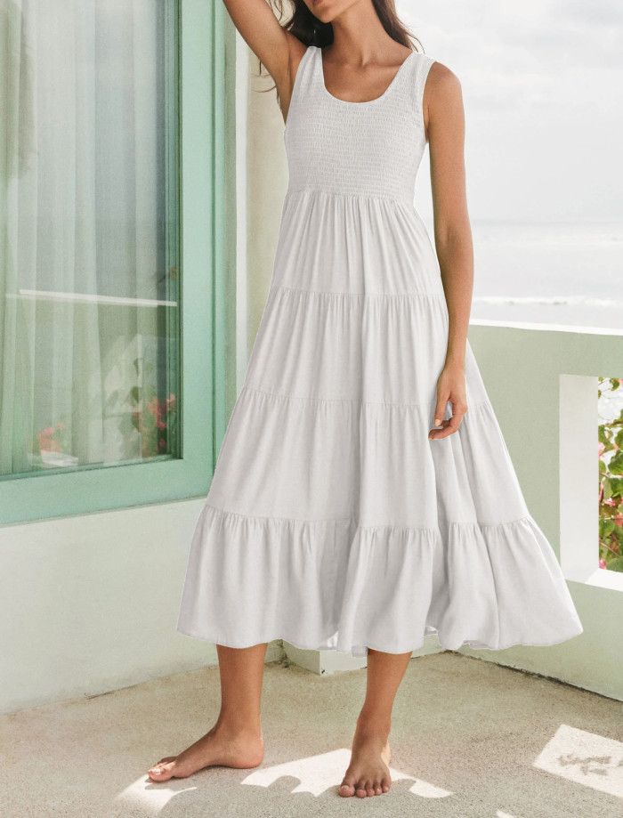 R.Vivimos Womens Summer Linen Tank Midi Dress 2025 Sleeveless Elastic Smocked A-Line Tiered Boho Casual Flowy Beach Sundress