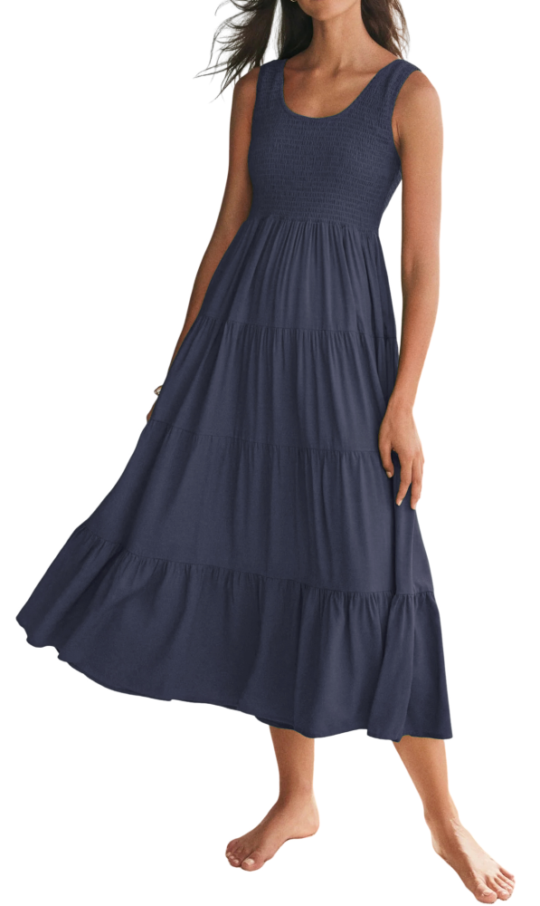 R.Vivimos Womens Summer Linen Tank Midi Dress 2025 Sleeveless Elastic Smocked A-Line Tiered Boho Casual Flowy Beach Sundress
