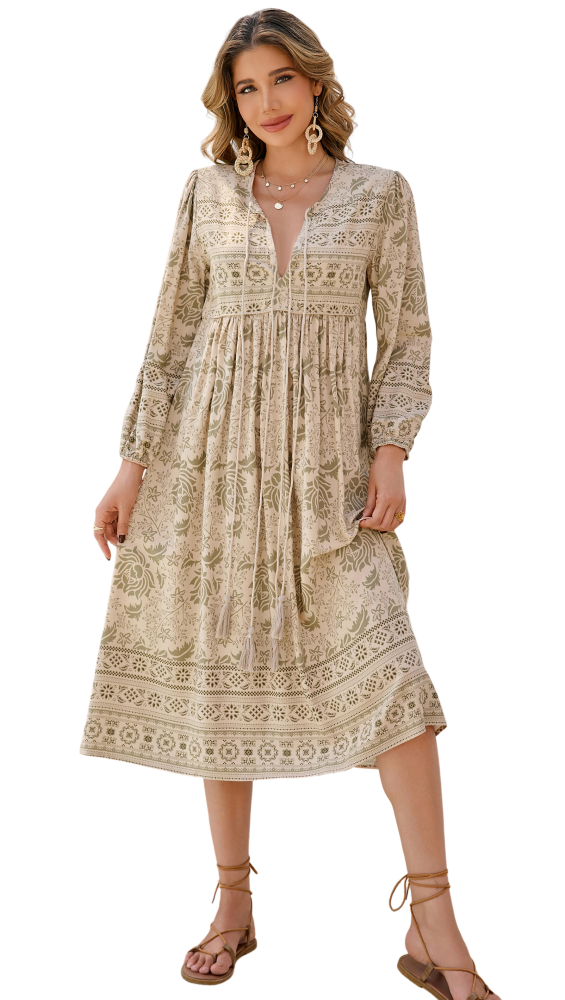 R.Vivimos Women's Long Sleeve Floral Print Retro V Neck Tassel Bohemian Midi Dresses