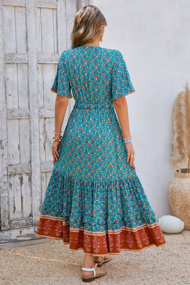 R.Vivimos Womens Summer Cotton Short Sleeve V Neck Floral Print Casual Bohemian Long Dresses