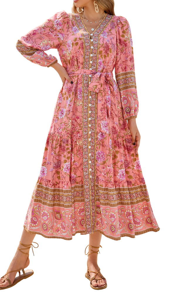 R.Vivimos Women's Long Sleeve Boho Midi Dress V Neck Floral Print Casual Button Down Loose Ruffle Beach Long Dress with Belt