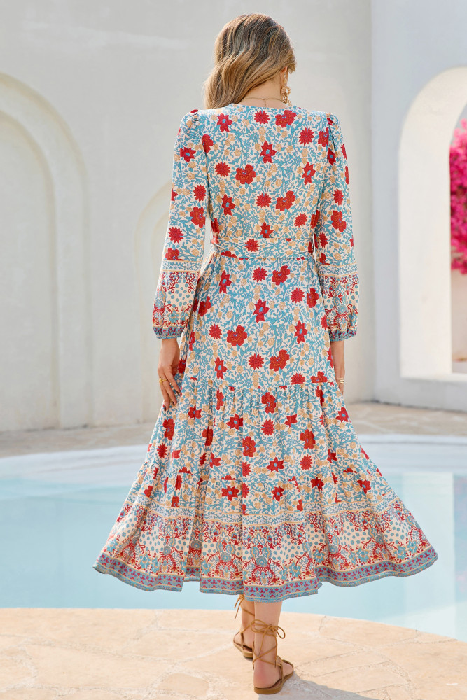 R.Vivimos Women's Long Sleeve Boho Midi Dress V Neck Floral Print Casual Button Down Loose Ruffle Beach Long Dress with Belt