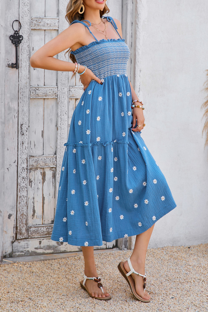 R.Vivimos Womens Summer Cotton Boho Midi Dress 2025 Spaghetti Strap Floral Embroidered Smocked Flowy Pockets Dress