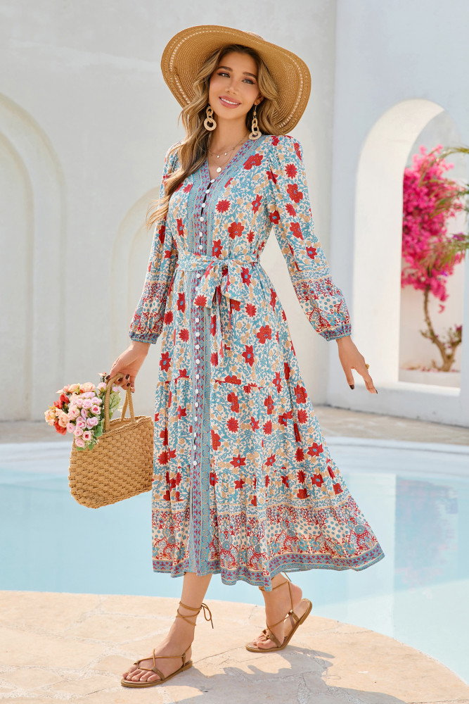 R.Vivimos Women's Long Sleeve Boho Midi Dress V Neck Floral Print Casual Button Down Loose Ruffle Beach Long Dress with Belt