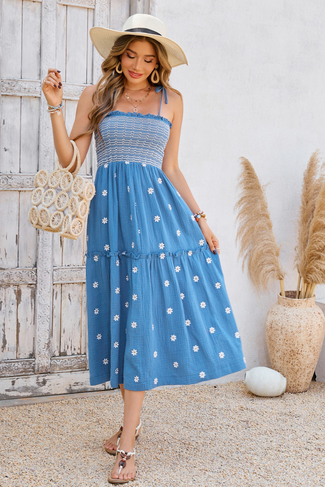 R.Vivimos Womens Summer Cotton Boho Midi Dress 2025 Spaghetti Strap Floral Embroidered Smocked Flowy Pockets Dress