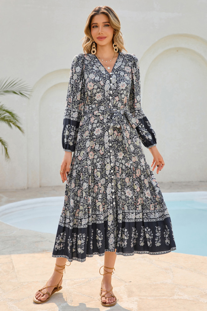 R.Vivimos Women's Long Sleeve Boho Midi Dress V Neck Floral Print Casual Button Down Loose Ruffle Beach Long Dress with Belt