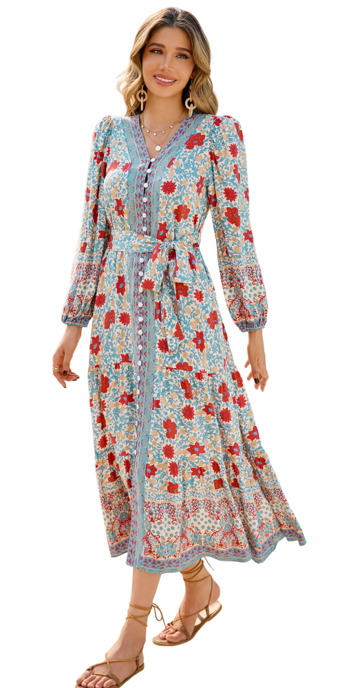 R.Vivimos Women's Long Sleeve Boho Midi Dress V Neck Floral Print Casual Button Down Loose Ruffle Beach Long Dress with Belt