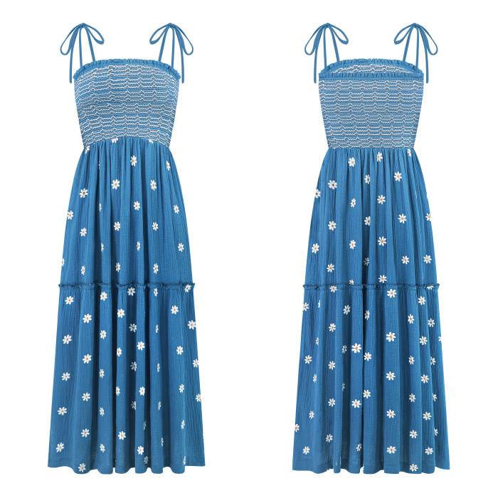 R.Vivimos Womens Summer Cotton Boho Midi Dress 2025 Spaghetti Strap Floral Embroidered Smocked Flowy Pockets Dress