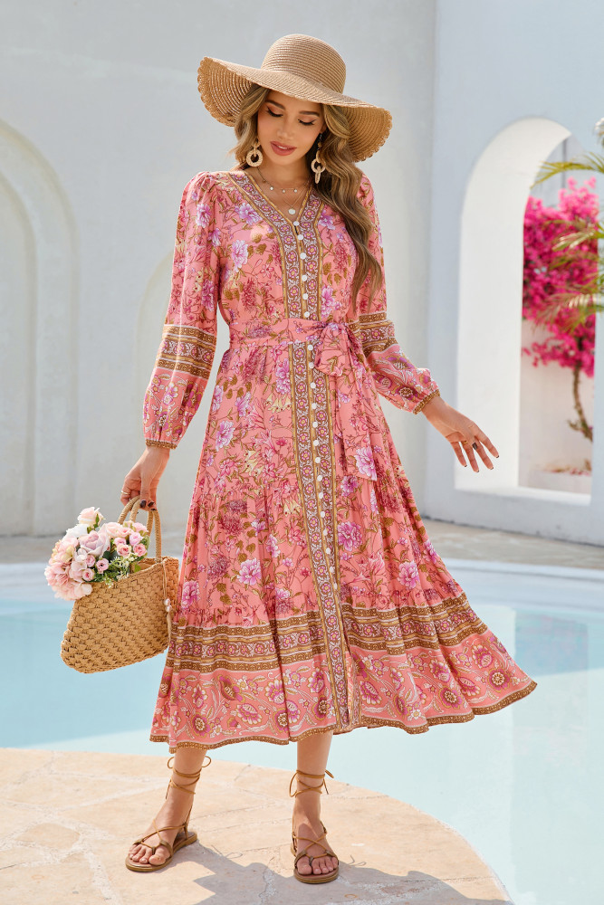 R.Vivimos Women's Long Sleeve Boho Midi Dress V Neck Floral Print Casual Button Down Loose Ruffle Beach Long Dress with Belt