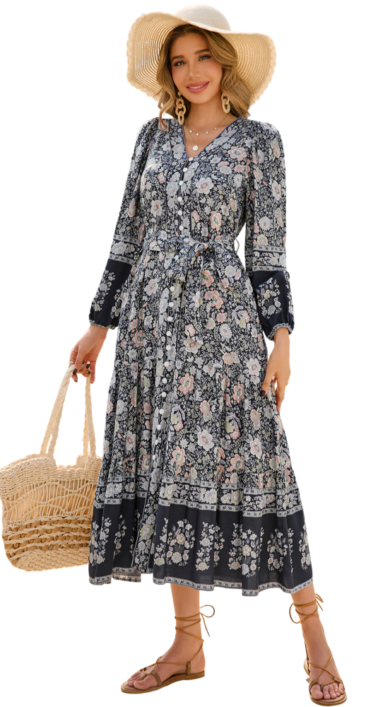 R.Vivimos Women's Long Sleeve Boho Midi Dress V Neck Floral Print Casual Button Down Loose Ruffle Beach Long Dress with Belt