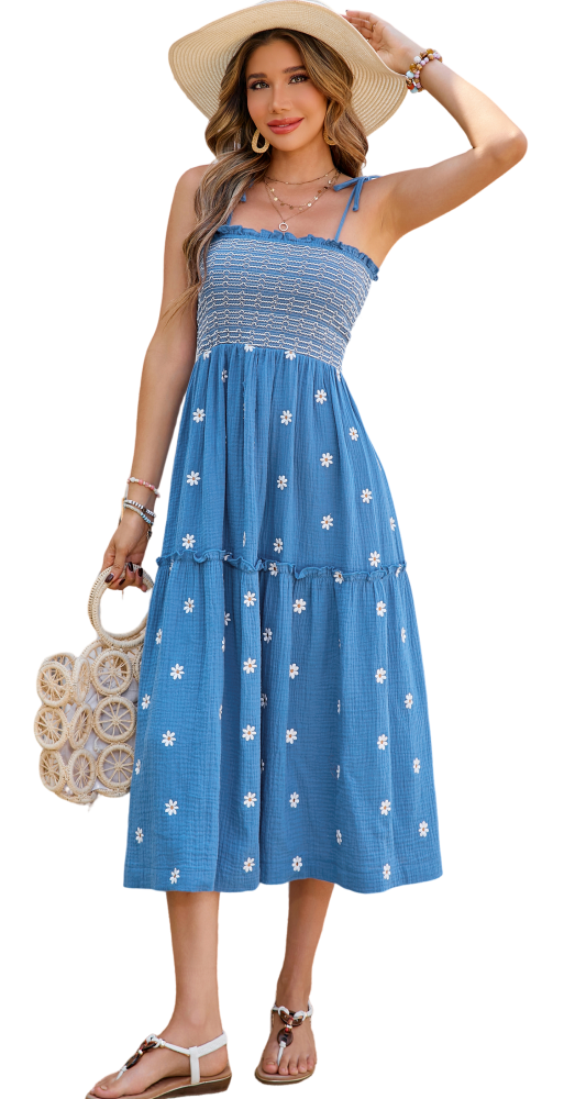 R.Vivimos Womens Summer Cotton Boho Midi Dress 2025 Spaghetti Strap Floral Embroidered Smocked Flowy Pockets Dress