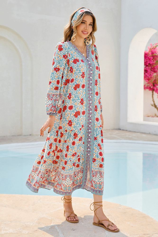 R.Vivimos Women's Long Sleeve Boho Midi Dress V Neck Floral Print Casual Button Down Loose Ruffle Beach Long Dress with Belt