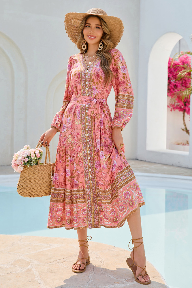 R.Vivimos Women's Long Sleeve Boho Midi Dress V Neck Floral Print Casual Button Down Loose Ruffle Beach Long Dress with Belt