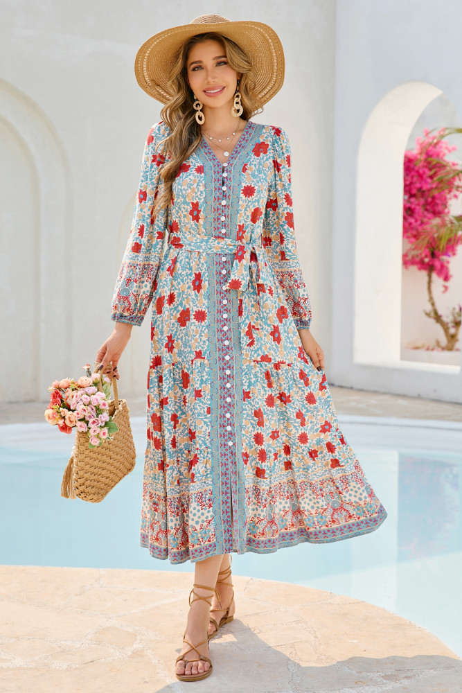 R.Vivimos Women's Long Sleeve Boho Midi Dress V Neck Floral Print Casual Button Down Loose Ruffle Beach Long Dress with Belt
