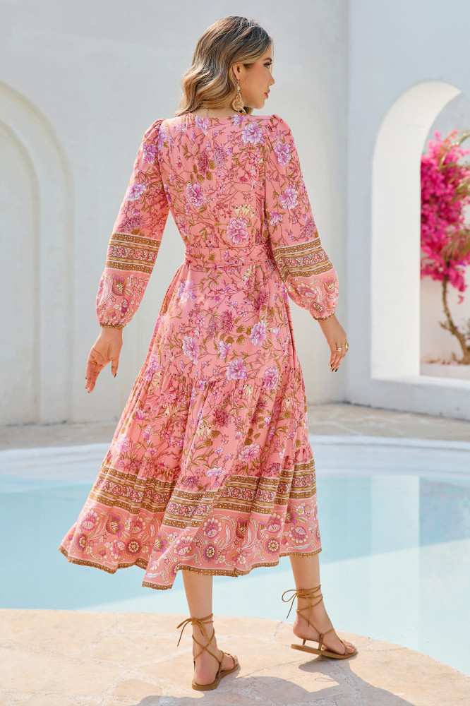 R.Vivimos Women's Long Sleeve Boho Midi Dress V Neck Floral Print Casual Button Down Loose Ruffle Beach Long Dress with Belt