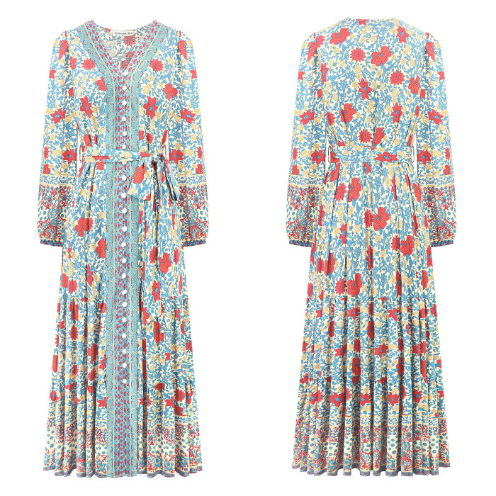 R.Vivimos Women's Long Sleeve Boho Midi Dress V Neck Floral Print Casual Button Down Loose Ruffle Beach Long Dress with Belt