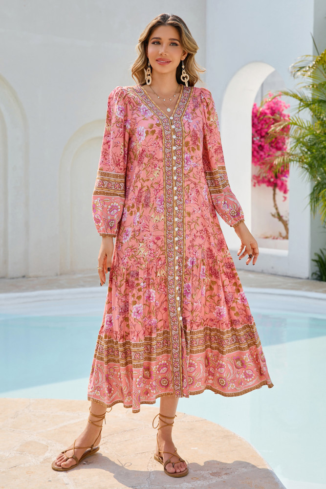 R.Vivimos Women's Long Sleeve Boho Midi Dress V Neck Floral Print Casual Button Down Loose Ruffle Beach Long Dress with Belt