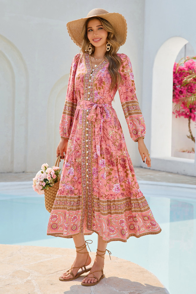 R.Vivimos Women's Long Sleeve Boho Midi Dress V Neck Floral Print Casual Button Down Loose Ruffle Beach Long Dress with Belt